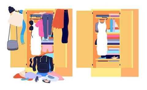 Wardrobe mess. Messy cloth, before after home clothes organization. Open cabinet Stock Illustration