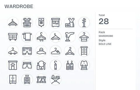 Wardrobe Retina Ready Vector Icon Pack with 28 Bold Line Grid Fitted Elements Stock Illustration