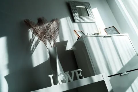 Wardrobe with some frames, a mirror and a vase with spikes in a white room Stock Photos
