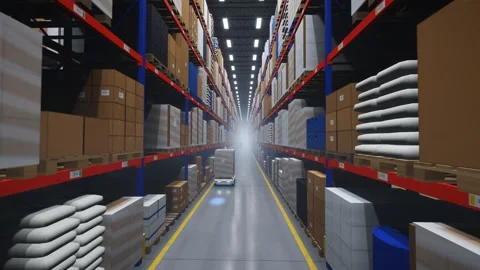 Warehouse Aisle Flythrough Pallet Racking with Autonomous Robot Seamless Loop Stock Footage 347525726