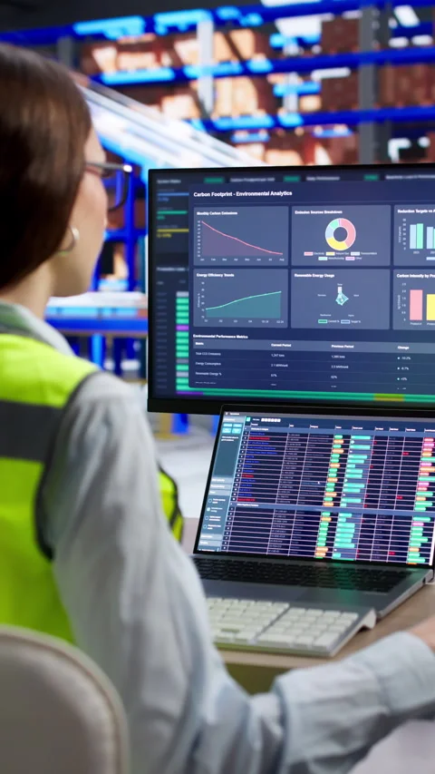 Warehouse Analyst Uses Computer To Manage Industrial Logistics Stock Footage 334536072