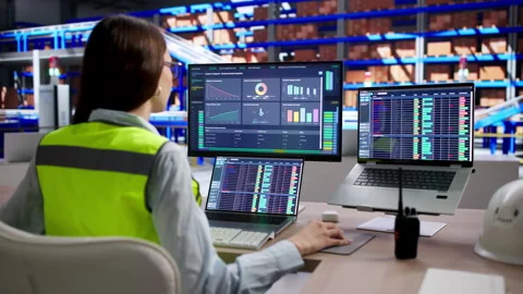 Warehouse Analyst Uses Computer To Manage Industrial Logistics Stock Footage 334927431