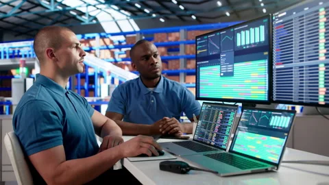 Warehouse Analyst Uses Computer To Manage Logistics Stock Footage 336370836