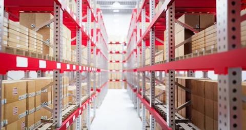 Warehouse and many parcel boxes on shelves and pallets. Stock Footage 258092130