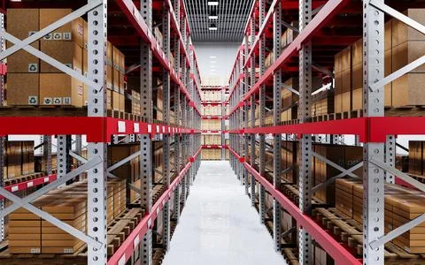 Warehouse and many parcel boxes on shelves and pallets. Stock system in the.. Stock Illustration
