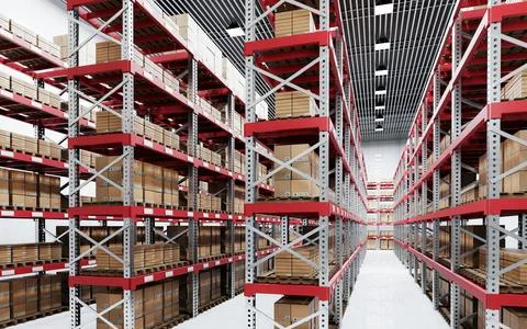 Warehouse and many parcel boxes on shelves and pallets. Stock system in the.. Stock Illustration