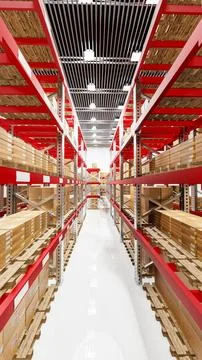 Warehouse and many parcel boxes on shelves and pallets. Stock system in the.. Stock Illustration