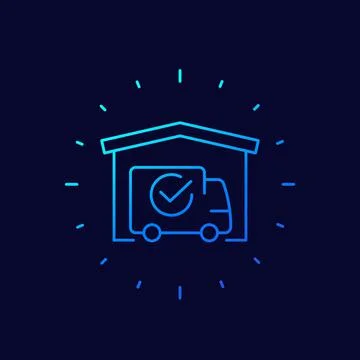 Warehouse and van, delivery completed icon, linear Stock Illustration