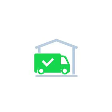 Warehouse and van, delivery completed icon Ilustração Stock