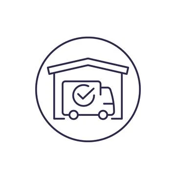 Warehouse and van, delivery completed line icon Ilustração Stock