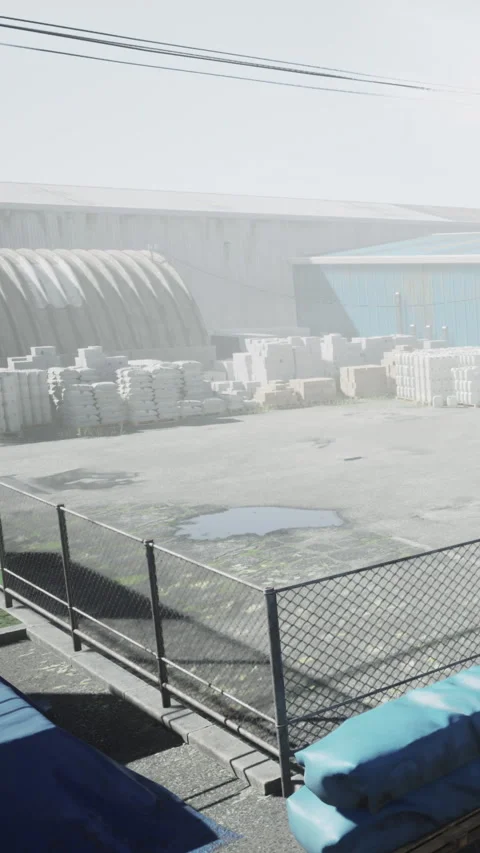 Warehouse area with building and stacks of materials during daytime Stock Footage 337974697