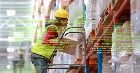 Warehouse associate moving ladder, climbing rack, retrieving box and placing on Stock Footage 310994563
