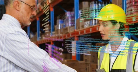 Warehouse associate using scanner after manager pointing, code overlay verifying 動画素材 328657152