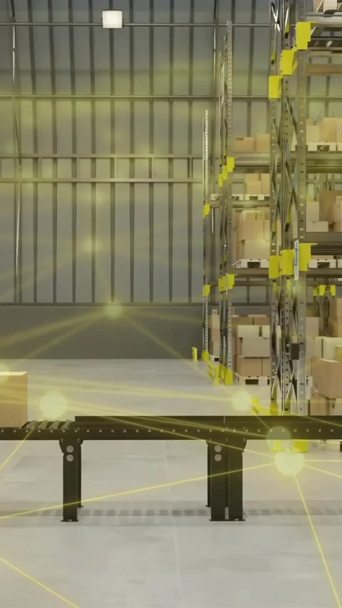 Warehouse automation animation over boxes on conveyor belt and shelves Stock Footage 323780982