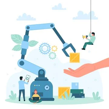 Warehouse automation process, tiny people work with robots for inventory of Stock Illustration