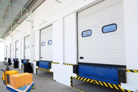Warehouse bay door with forklift car Stock Photos