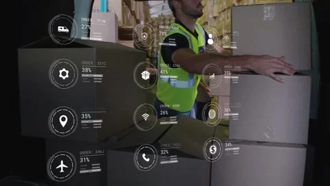 Warehouse bay opening starting loader moving in, lifting boxes while HUD metrics Stock Footage 334202592