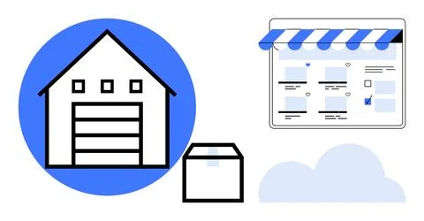 Warehouse with blue circle background alongside package, online storefront, a Stock Illustration