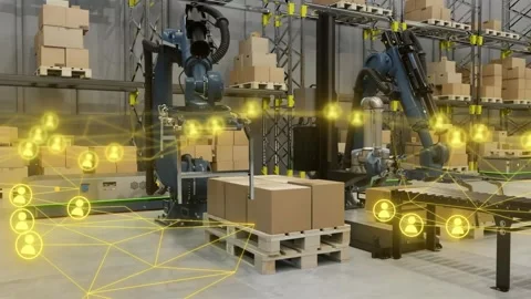 Warehouse bots picking boxes from conveyor stacking pallet and IoT overlay Video stock 332468898