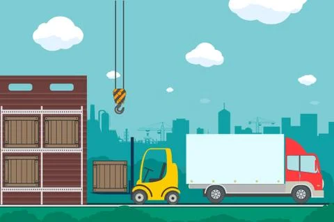 Warehouse with boxes and containers. Cargo delivery. Stock Illustration