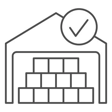 Warehouse, boxes, checkmark, cargo thin line icon, security check concept, goods Stockillustratie
