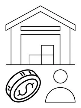 Warehouse with boxes, dollar coin, and user circle elements representing logi イラスト素材
