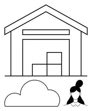 Warehouse with boxes inside, cloud symbol, female employee avatar. Ideal for  Stock Illustration