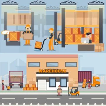 Warehouse building and shipping process Stock Illustration
