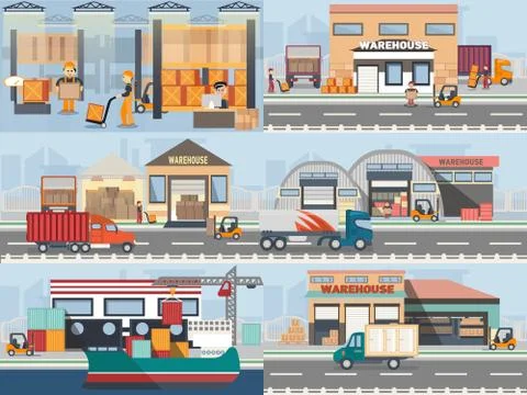 Warehouse building and shipping process Stock Illustration