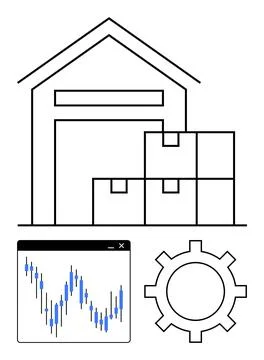 Warehouse building and stacked boxes, a graph with trading candlesticks, and  Ilustración de archivo