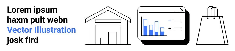 Warehouse building, bar chart analytics on screen, shopping bag, placeholder  Ilustración de archivo