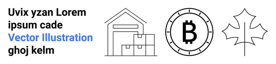 Warehouse building with boxes, Bitcoin coin symbol, and maple leaf outline. I Ilustración de archivo