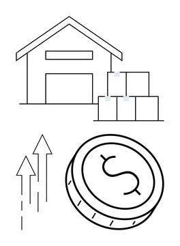 Warehouse Building with Boxes, Dollar Coin, and Upward Arrows Representing .. Stock Illustration