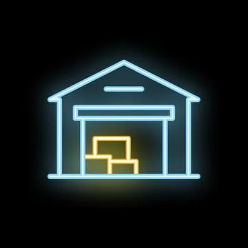 Warehouse building with boxes inside neon light style icon Stock Illustration