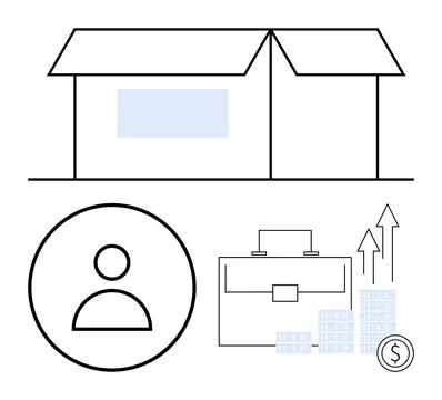 Warehouse building, circular user icon, briefcase, stacked coin, and upward a Ilustración de archivo