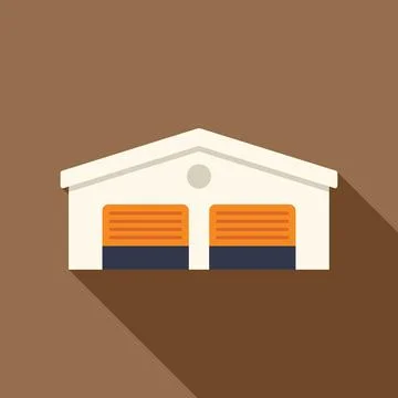 Warehouse building with closed orange roller doors and long shadow Ilustración de archivo