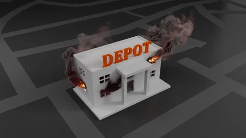 Warehouse Building Engulfed in Fire and Black Smoke Stockbeeldmateriaal 336589310