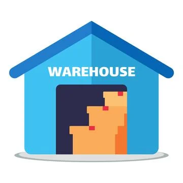 Warehouse building icon with warehouse text on front, cardboard boxes inside Stock Illustration