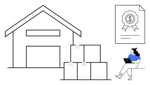 Warehouse building with stacked boxes, certification document featuring dolla Stock Illustration