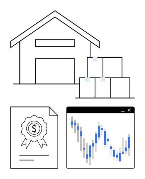 Warehouse building with stacked boxes, certified financial document, and mark Ilustración de archivo