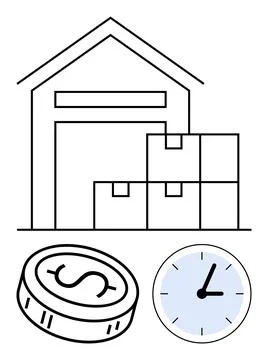 Warehouse building with stacked boxes, a coin, and a clock representing log.. Ilustración de archivo