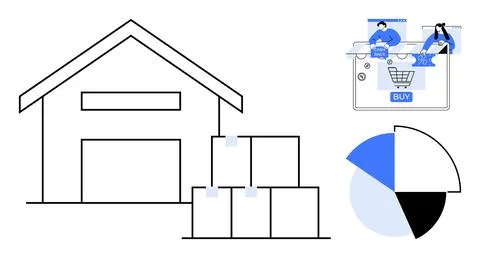 Warehouse building with stacked boxes, ecommerce shopping on mobile screen, p Ilustración de archivo