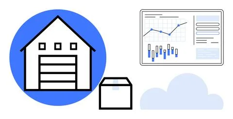 Warehouse building, storage box, and analytics dashboard with charts and grap Ilustración de archivo