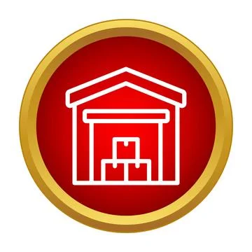 Warehouse building storing goods in a red circle icon Ilustración de archivo