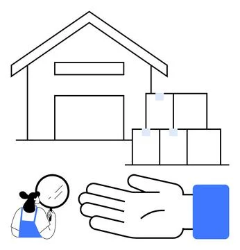 Warehouse Building with Worker, Stacked Boxes, and Gesturing Hand Represent.. Stockillustratie