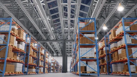 Warehouse with cardboard boxes inside on pallets racks, logistic center. Huge Stock Footage 117936253