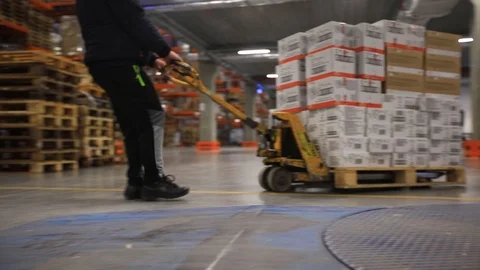 Warehouse with cardboard boxes inside on pallets racks, logistic center. Vídeos de archivo 126269792