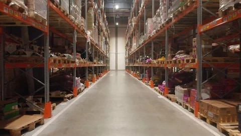 Warehouse with cardboard boxes inside on pallets racks, logistic center. 库存影片 126270095