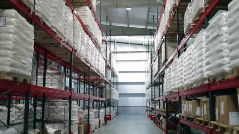 Warehouse with cardboard boxes inside on pallets racks, logistic center Stock Footage 141763279