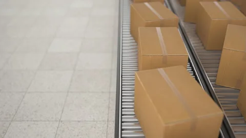 Warehouse with cardboard boxes inside on pallets racks, logistic center. Huge, l Stock Footage 222705045